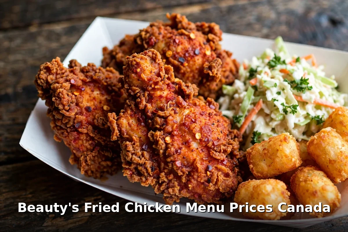 Beauty's Fried Chicken Menu Prices Canada 2026: crispy Nashville-style fried chicken tray with coleslaw and tater tots, beautys fried chicken menu prices canada