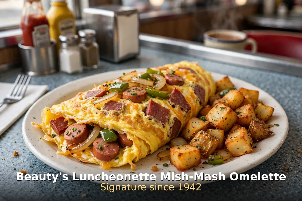 Mish-Mash omelette with salami, hot dog, peppers and home fries at Beauty's Luncheonette Montreal