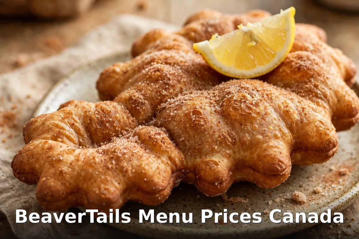 BeaverTails menu prices Canada 2026, AI fried-dough pastry photo with keyword text overlay