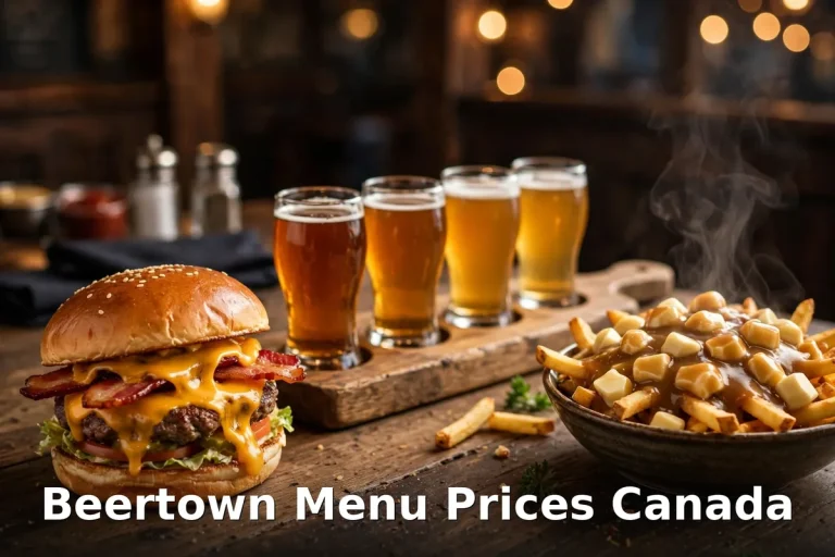 Beertown menu prices Canada 2026: pub burger, craft beer flight and poutine