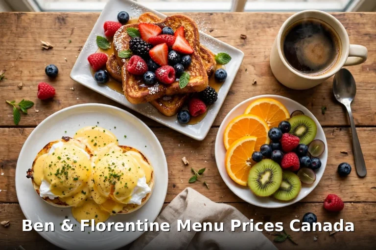 Ben and Florentine menu prices Canada 2026, AI brunch spread with eggs benedict and French toast