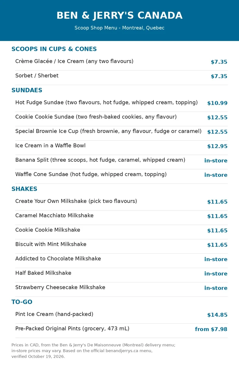Ben & Jerry's Canada official scoop shop menu with prices, ben & jerry's menu prices canada