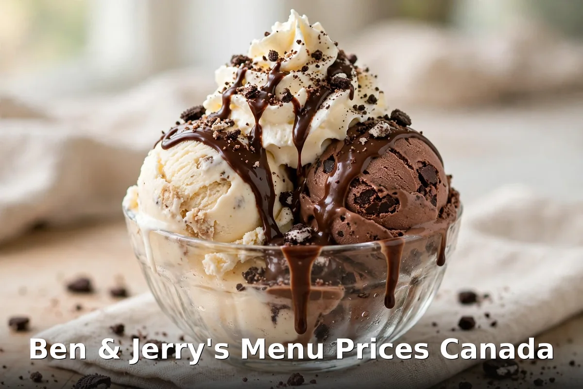 Ben & Jerry's ice cream sundae with hot fudge and whipped cream, ben & jerry's menu prices canada