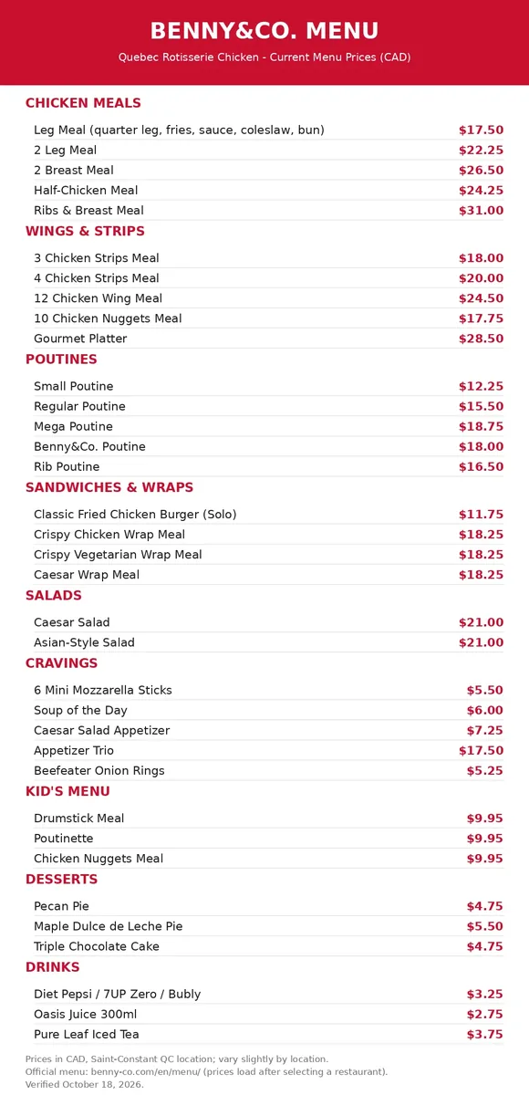 Benny&Co. official menu board showing rotisserie chicken meals, benny co menu prices canada
