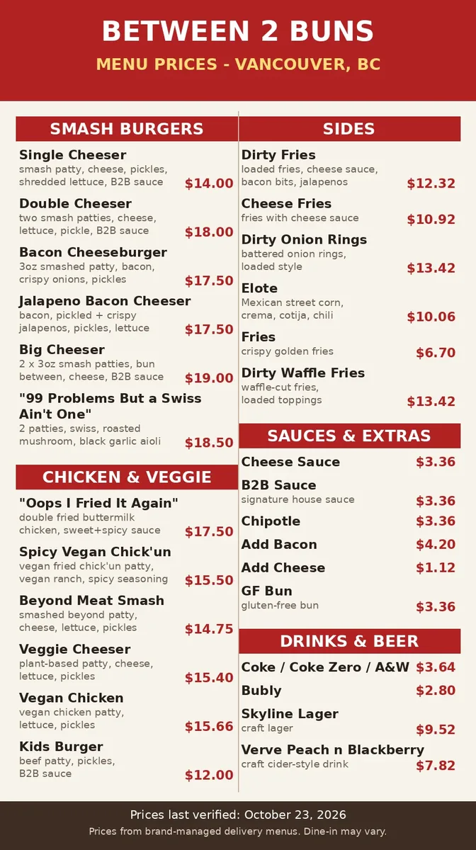 Between 2 Buns menu card showing smash burger, dirty fries, elote and sides prices in CAD, between 2 buns menu prices