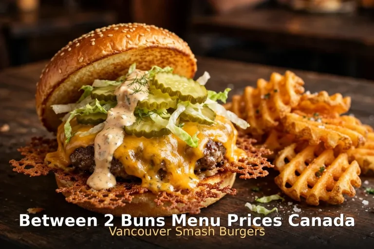 Juicy smash cheeseburger with crispy fries on a wooden table, between 2 buns menu prices canada