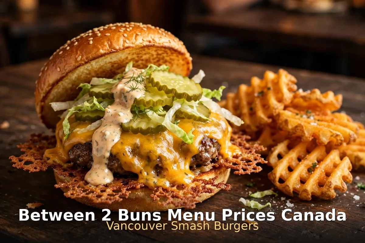 Juicy smash cheeseburger with crispy fries on a wooden table, between 2 buns menu prices canada