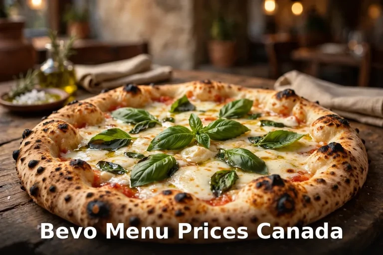 Bevo menu prices Canada 2026 featured: AI-generated wood-fired margherita pizza with PIL keyword overlay