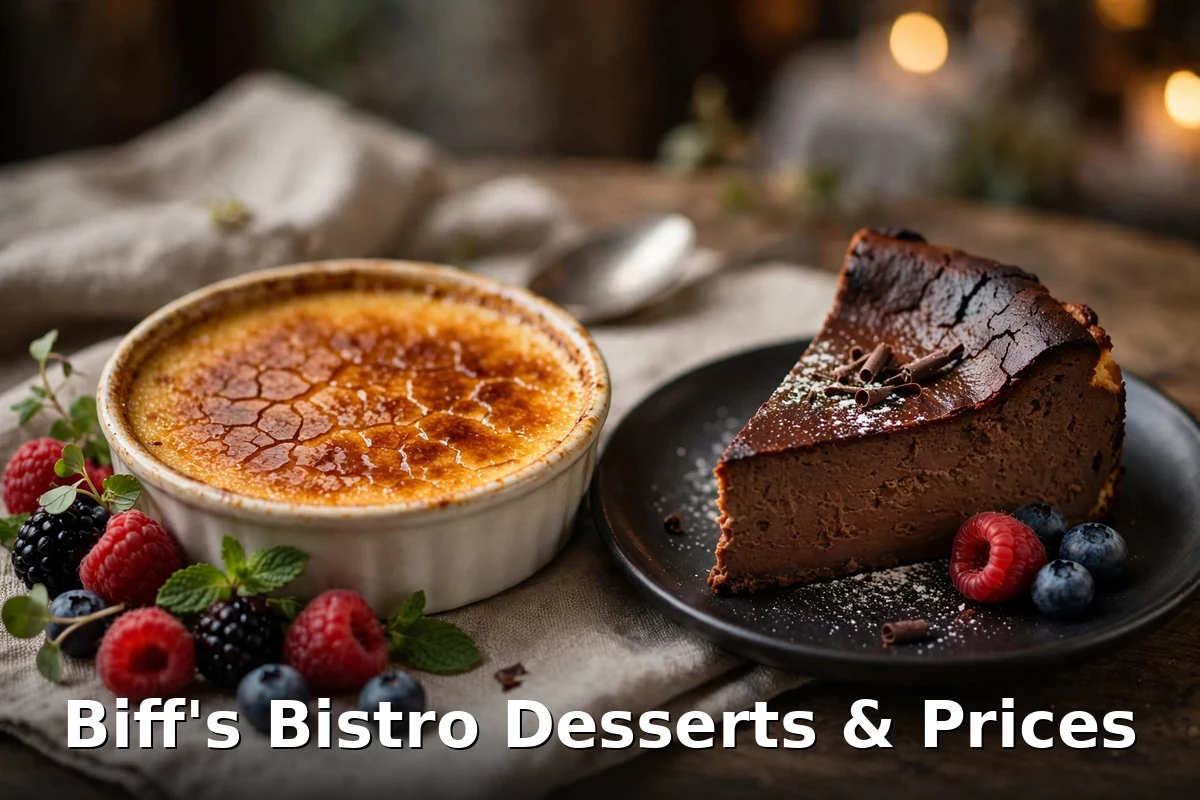 AI-generated French bistro dessert photo with PIL keyword overlay: crème brûlée and Basque cheesecake, Biff's Bistro dessert menu prices Canada