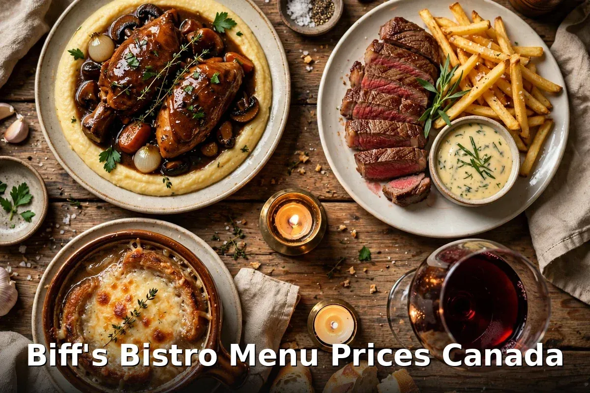 Biff's Bistro menu prices Canada 2026 featured: AI-generated French bistro spread with coq au vin, steak frites and French onion soup, crisp PIL keyword overlay
