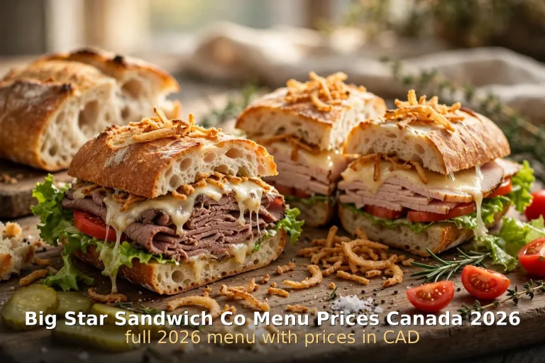 big star sandwich co menu prices canada 2026: hearty stacked roast beef and turkey deli sandwiches on rustic filone bread with melted cheese, crispy onions, lettuce and tomato
