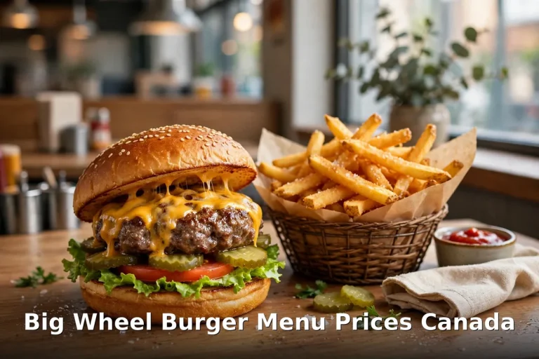 Juicy grass-fed beef cheeseburger with crispy fries on a wooden table, big wheel burger menu prices canada