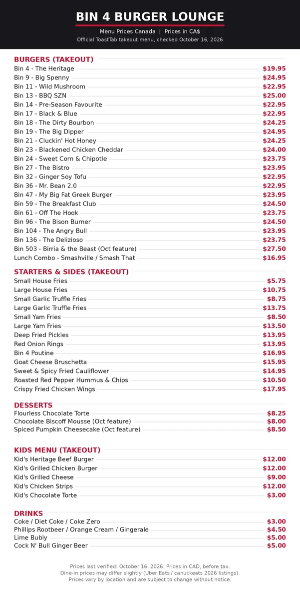 Bin 4 Burger Lounge menu prices Canada official menu card with burger prices