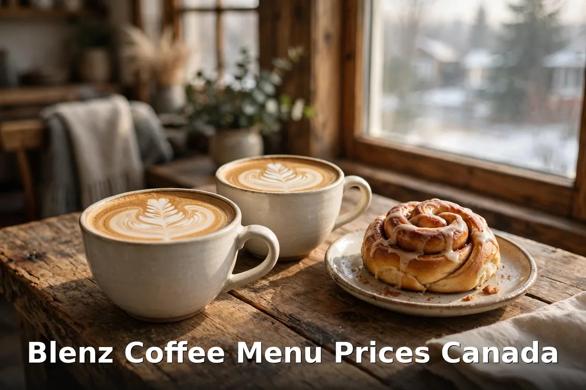 Blenz Coffee menu prices Canada 2026: two lattes with latte art and cinnamon bun, blenz coffee menu prices canada