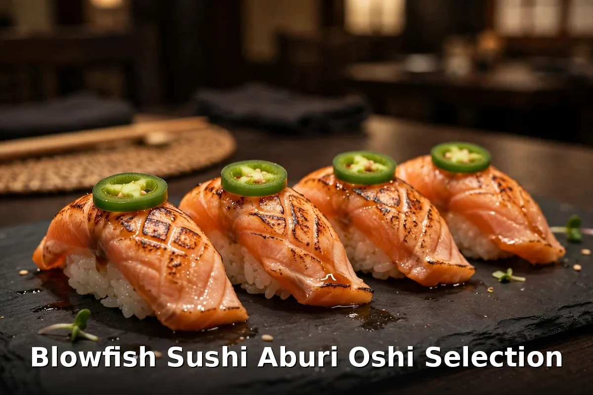 Blowfish Sushi aburi oshi prices Canada: flame-seared salmon oshi sushi on a black plate