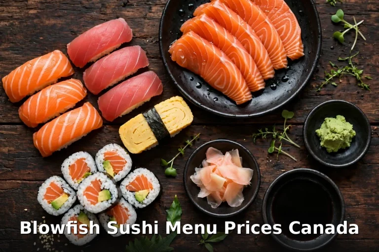Blowfish Sushi menu prices Canada 2026: sushi platter with salmon nigiri, tuna nigiri, salmon sashimi, maki rolls, pickled ginger and wasabi on a dark wooden table