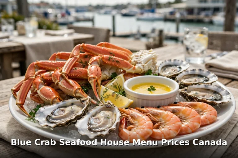 Blue Crab menu prices Canada 2026, seafood platter with crab legs and oysters at the Victoria Inner Harbour restaurant