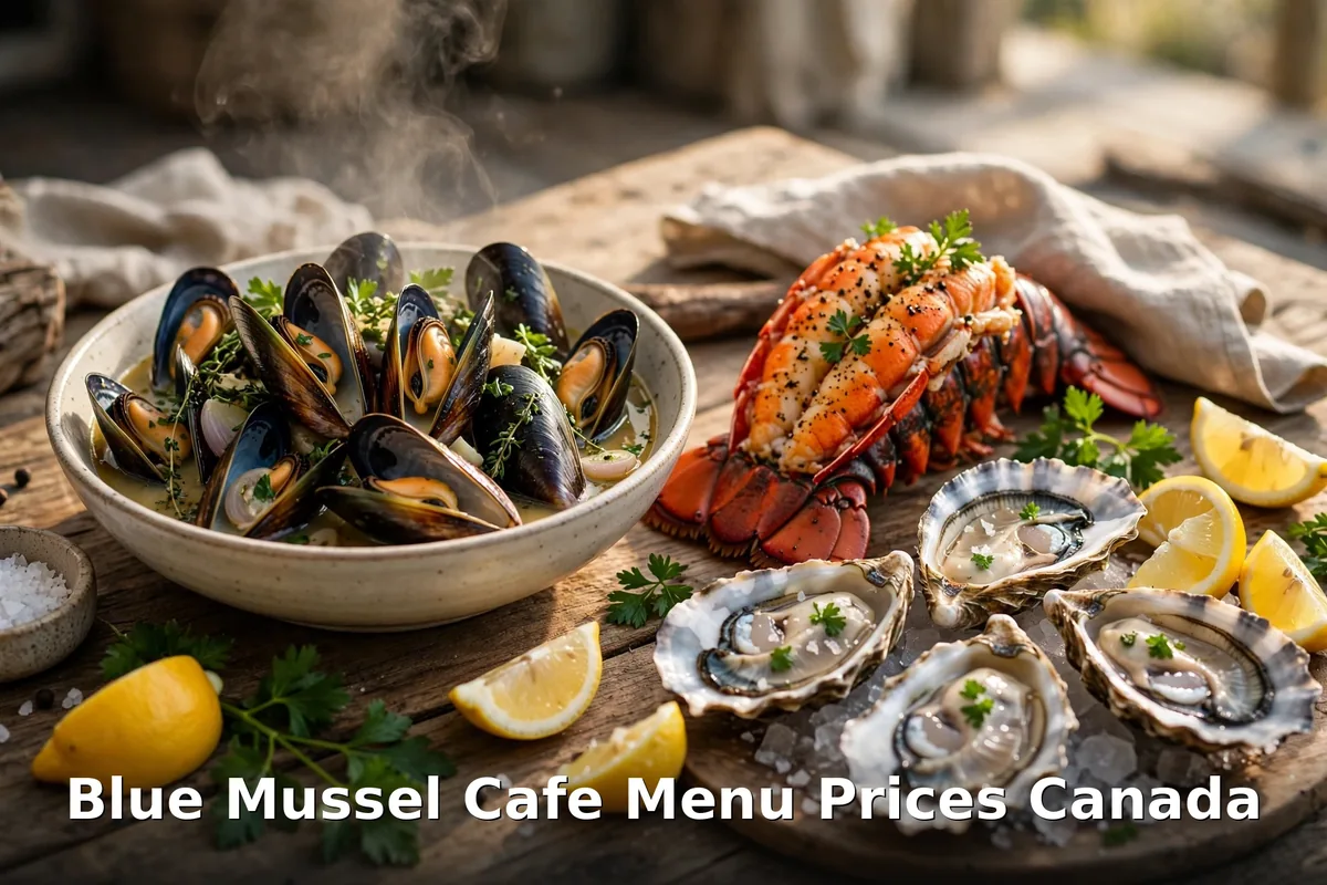 Blue Mussel Cafe menu prices Canada 2026 featured: AI-generated PEI seafood spread photo