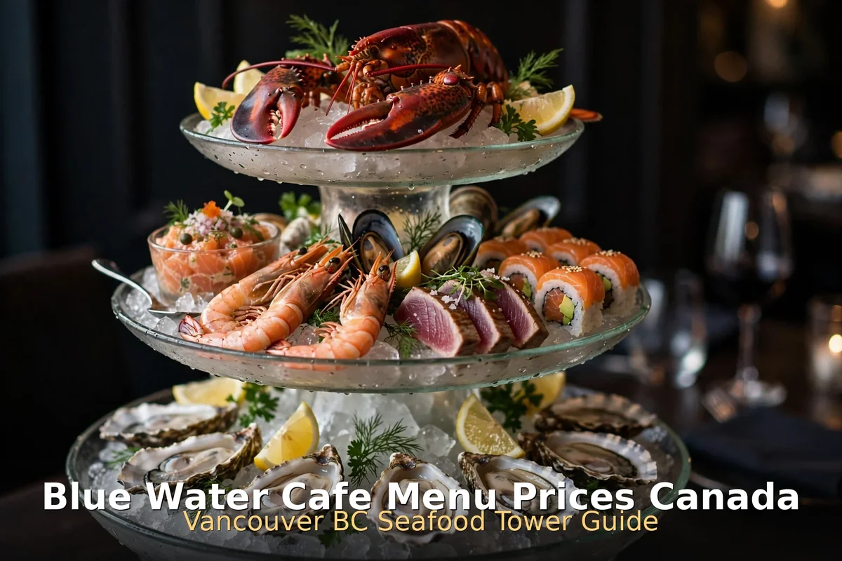 AI-generated seafood tower at Blue Water Cafe Vancouver, blue water cafe menu prices canada 2026