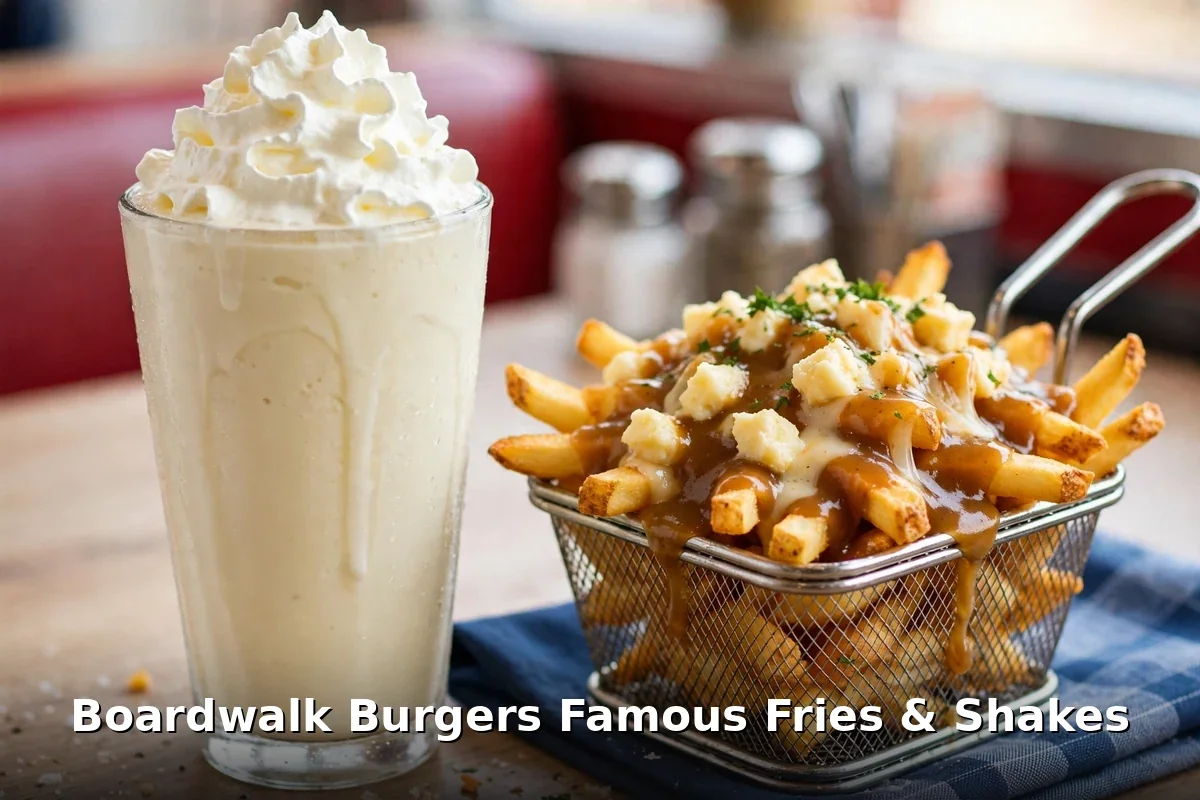 Boardwalk Burgers fries and shakes menu prices: milkshake with whipped cream and basket of boardwalk poutine fries with cheese curds and gravy