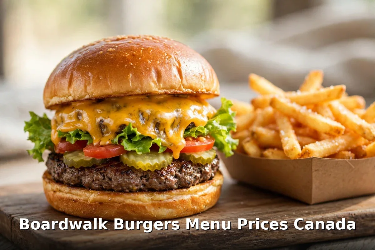 Boardwalk Burgers menu prices Canada 2026: cheeseburger with fries on a wooden board, restaurant food photography