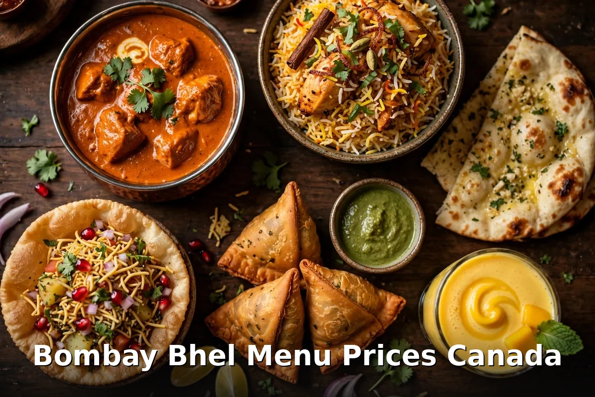 bombay bhel menu prices Canada 2026: AI-generated Indian restaurant food spread, keyword overlay