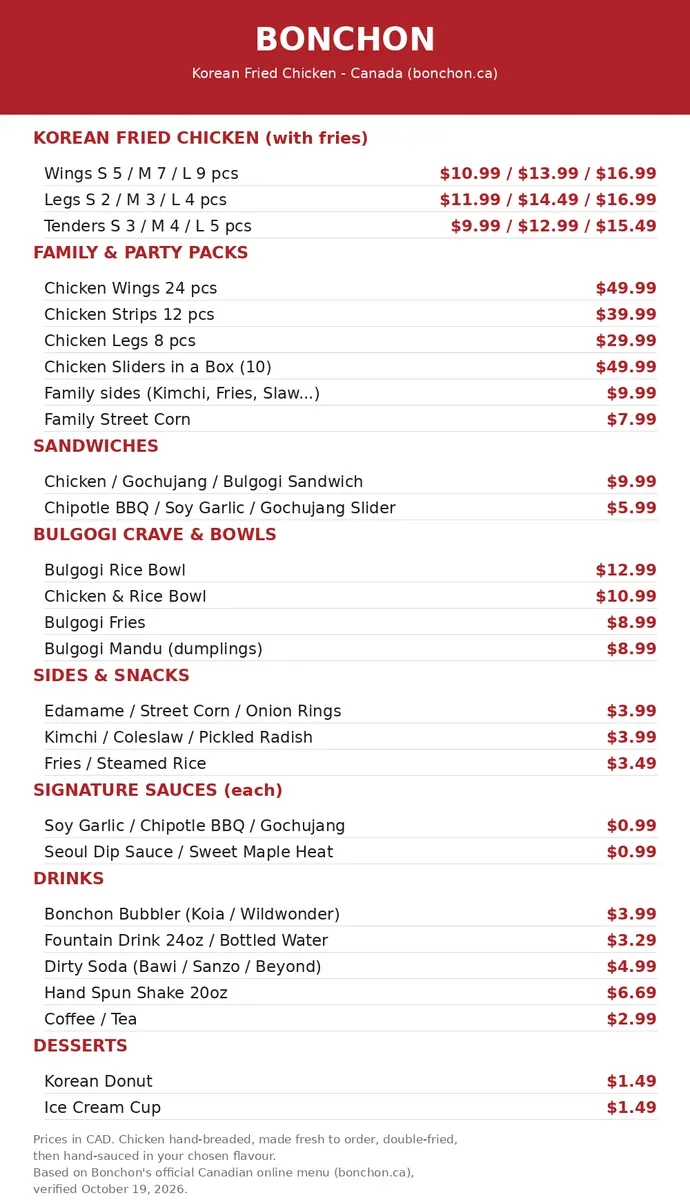 Bonchon Canada menu prices: official current menu card with wings, legs, tenders, family packs, sandwiches, bowls, sides, sauces, drinks and desserts