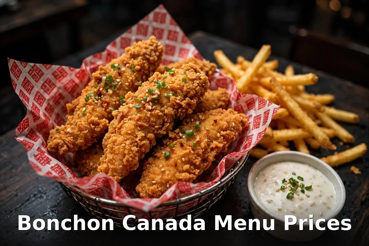 Bonchon Canada chicken tenders menu prices: crispy tenders with fries and Seoul dip sauce in a red basket