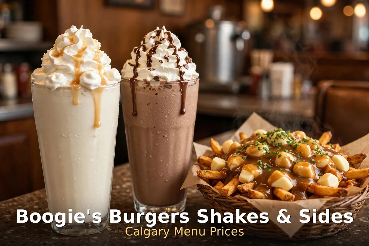 Boogie's Burgers milkshake prices Calgary: thick milkshakes with whipped cream and loaded poutine on a diner counter