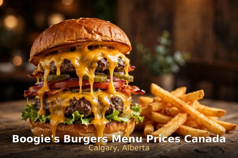 Boogie's Burgers menu prices Canada 2026: gourmet double cheeseburger with melted cheddar and crispy fries, Calgary