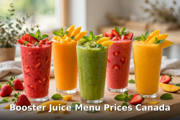 Booster Juice menu prices Canada - strawberry, mango and green smoothies with fresh fruit