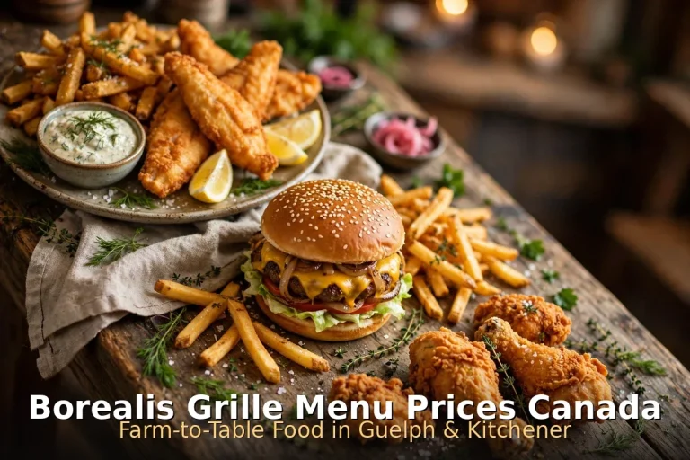 AI-generated Canadian farm-to-table spread with fish and chips, cheeseburger and fried chicken, borealis grille menu prices canada 2026