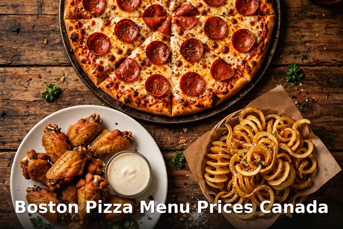 Boston Pizza menu prices Canada 2026 keyword text overlay on appetizing pizza photo, boston pizza menu prices