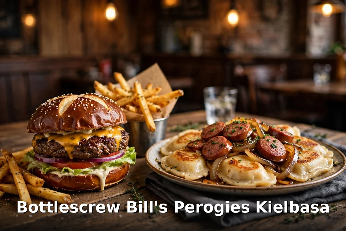 Bottlescrew Bill's perogies kielbasa, Calgary pub bison burger on a pretzel bun with fries and perogies with kielbasa and onions