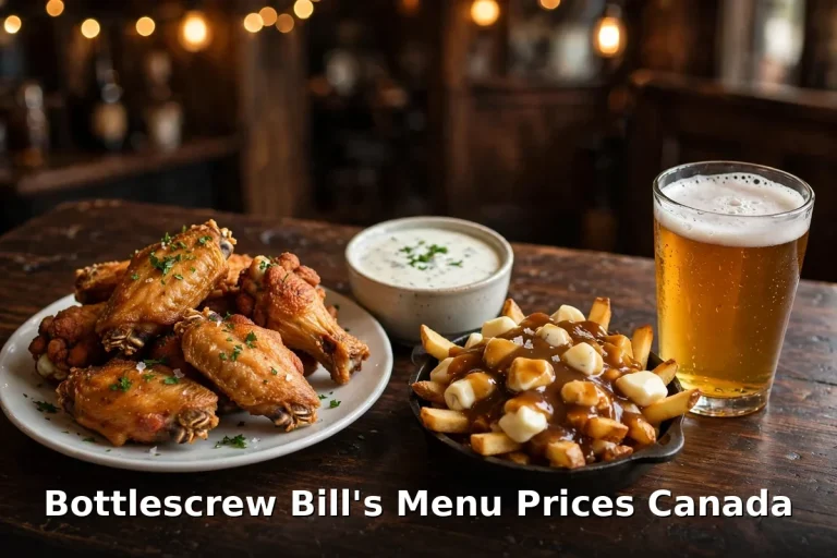 Bottlescrew Bill's Menu Prices Canada, Calgary pub wings, poutine and craft beer on a wooden table in a dark pub room