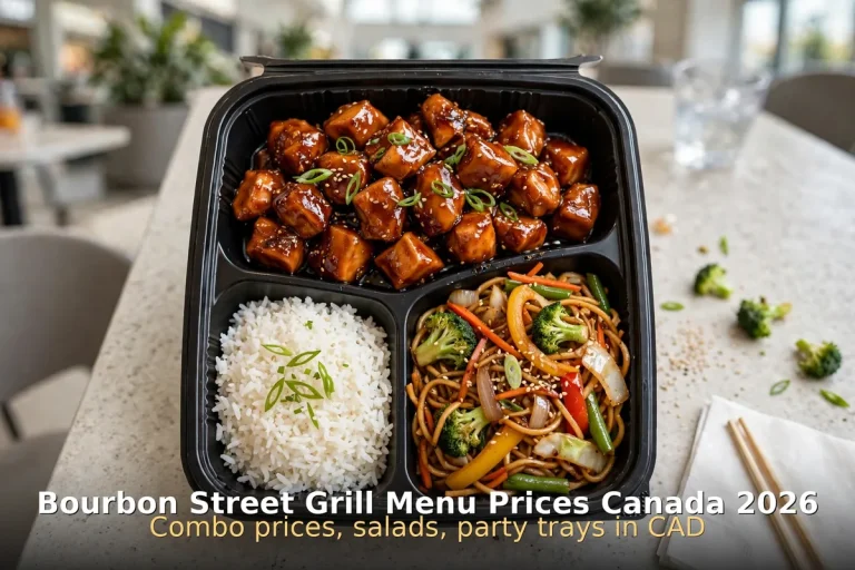 Bourbon Street Grill bourbon chicken combo tray with rice and noodles, bourbon street grill menu prices canada
