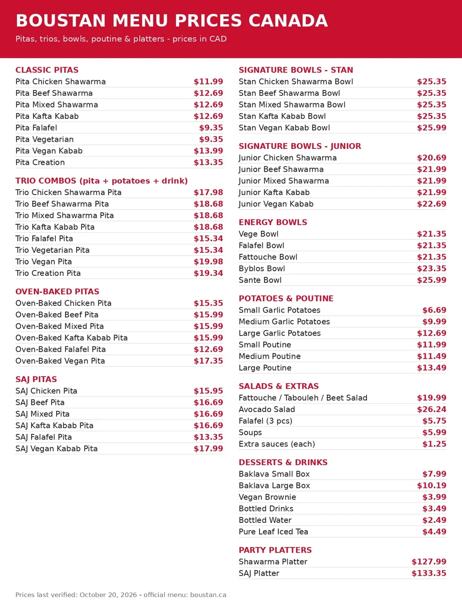 Boustan menu card with current prices, boustan menu prices canada