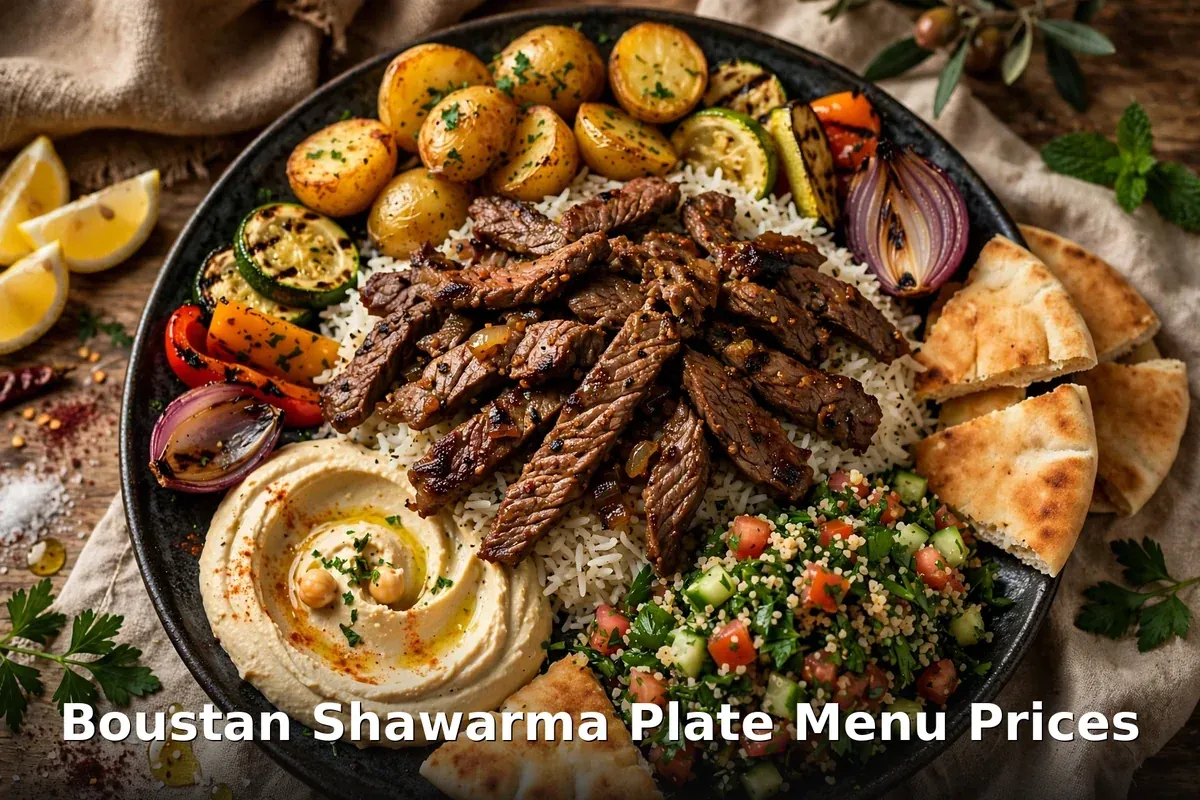 Boustan beef shawarma plate with hummus and tabouleh, boustan shawarma prices