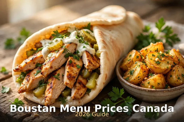 Boustan menu prices Canada 2026: chicken shawarma pita with garlic potatoes