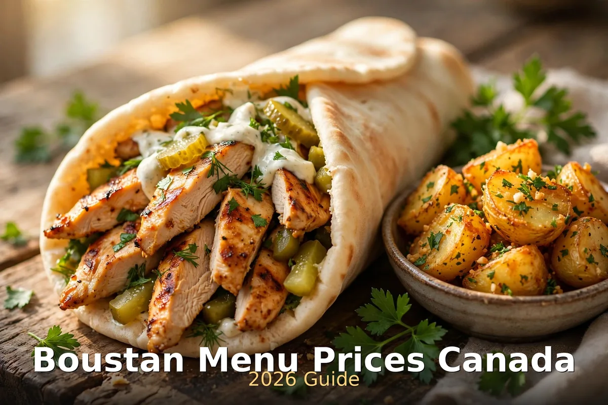 Boustan menu prices Canada 2026: chicken shawarma pita with garlic potatoes