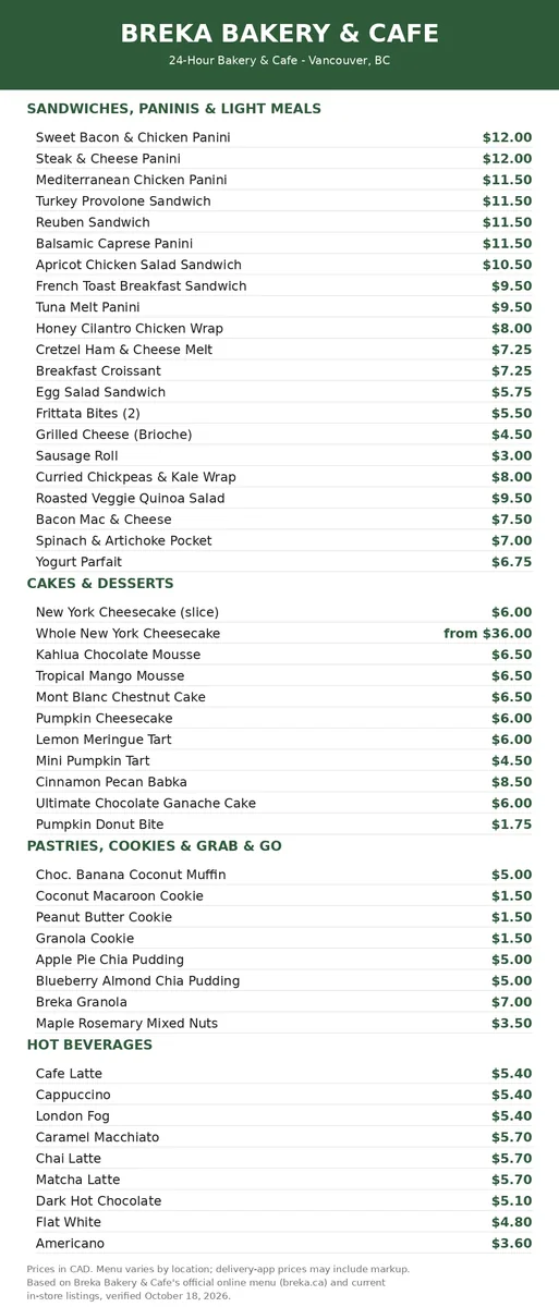 Breka Bakery menu prices Canada: full current menu card with CAD prices