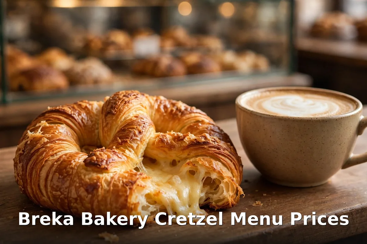 Breka Bakery Cretzel menu prices: signature croissant-pretzel bake with ham and melted cheddar beside a latte