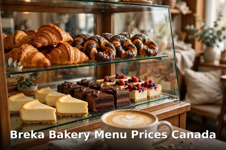 Breka Bakery menu prices Canada 2026: bakery display case with croissants, cheesecake slices and latte