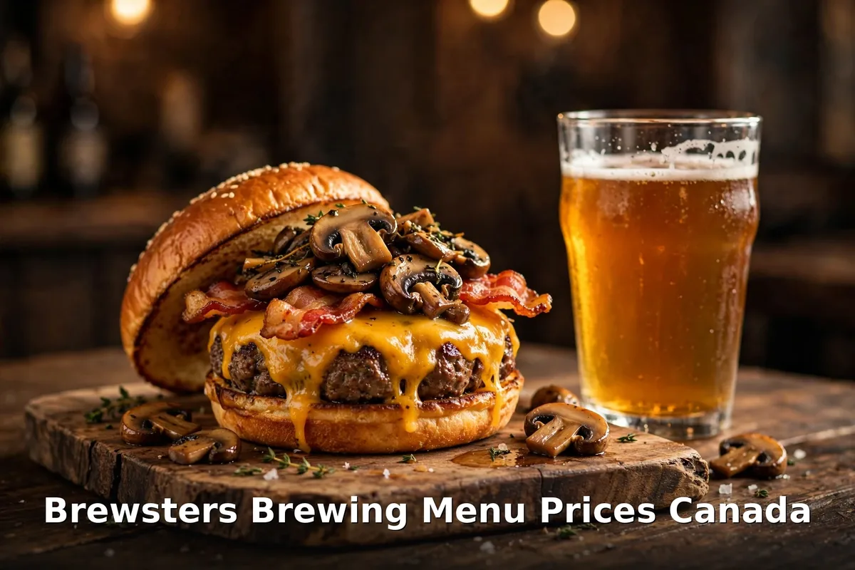 Brewsters Brewing menu prices Canada 2026: AI-generated photo of Alberta beef burger, crispy wings and house-brewed beer flight