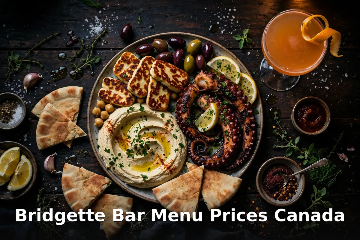 Bridgette Bar menu prices Canada 2026 featured: AI-generated Mediterranean restaurant table with wood-grilled dishes