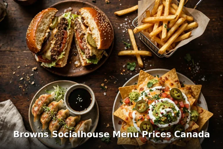 Browns Socialhouse pub spread: burgers, fries, gyoza and nachos with text overlay, browns socialhouse menu prices canada 2026