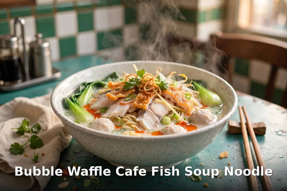 Bubble Waffle Cafe fish soup noodle menu prices Canada - steaming bowl of HK-style fish soup noodles with chopsticks, bubble waffle cafe menu prices canada 2026