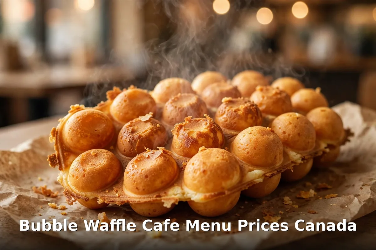 Bubble Waffle Cafe menu prices Canada 2026: AI-generated Hong Kong style bubble egg waffle, crispy and golden