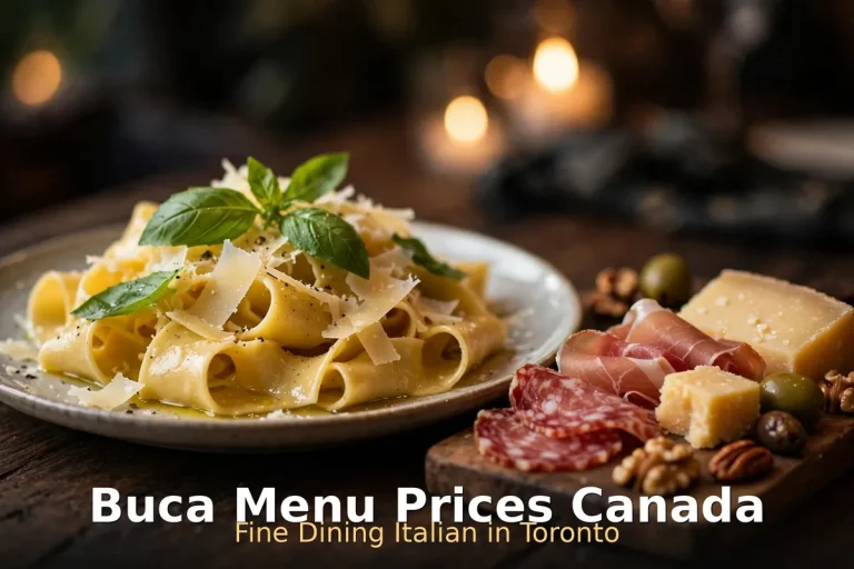 Buca menu prices Canada 2026 featured: AI-generated Italian fine-dining spread with PIL keyword overlay