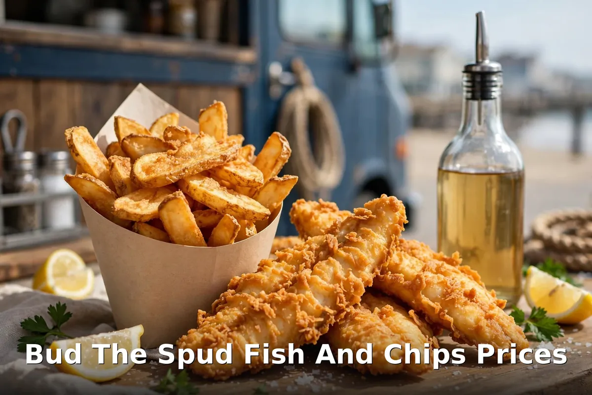 Hand battered haddock fish and chips with malt vinegar by the Bud the Spud truck, bud the spud fish and chips prices